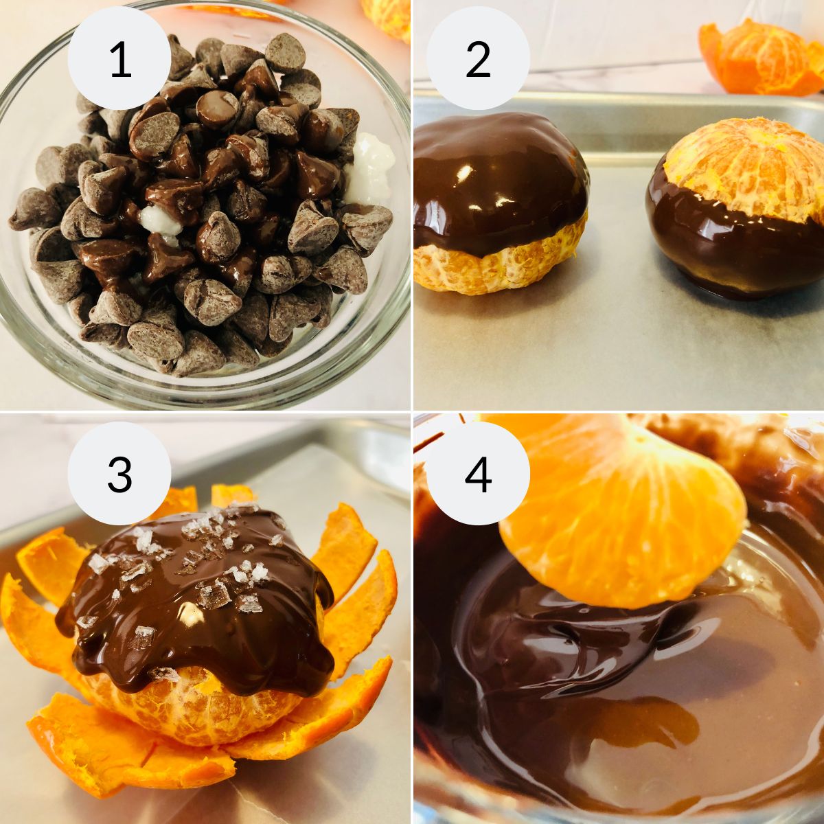 Melting the chocolate and dipping the oranges in.