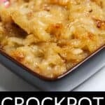 A square bowl filled with rich Crockpot Caramelized Onions, with the text "Crockpot Caramelized Onions" displayed at the bottom of the image.