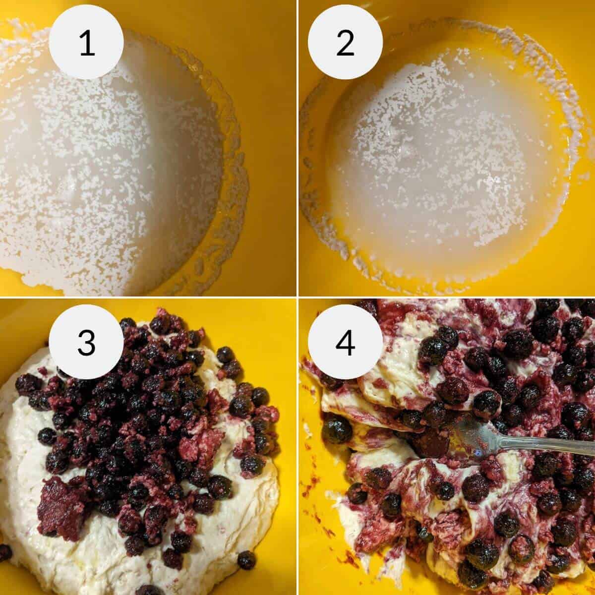 Sequence of four images showing yeast proofing, dough rising, berries added to dough, and mixed dough for Glazed Blueberry Donuts.