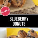 A wooden board with several glazed blueberry donuts. A glass of milk and a lemon slice are placed in the background on a yellow cloth. Text in the image reads "Delicious Glazed Blueberry Donuts".