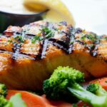 A closeup of grilled salmon.