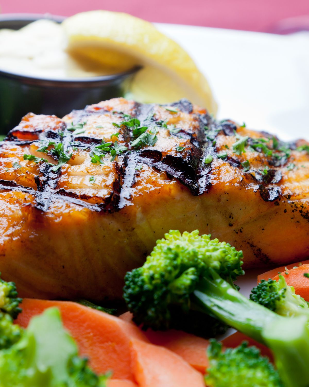A closeup of grilled salmon.