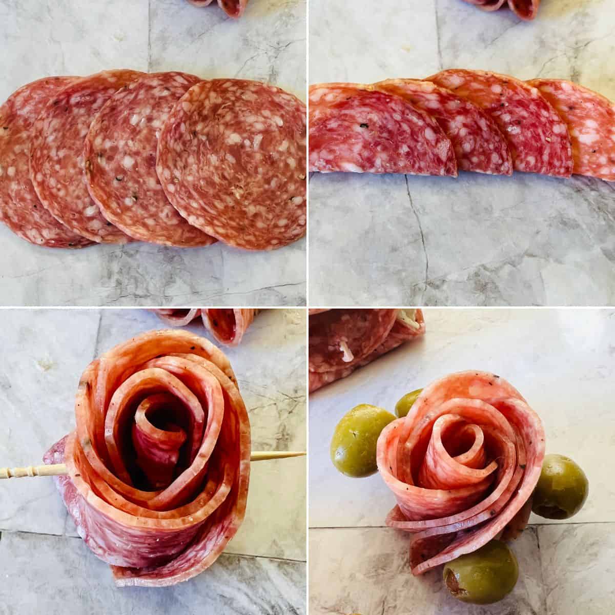 Four images show how to make salami roses by folding slices onto a skewer, finishing with a garnish of green olives.