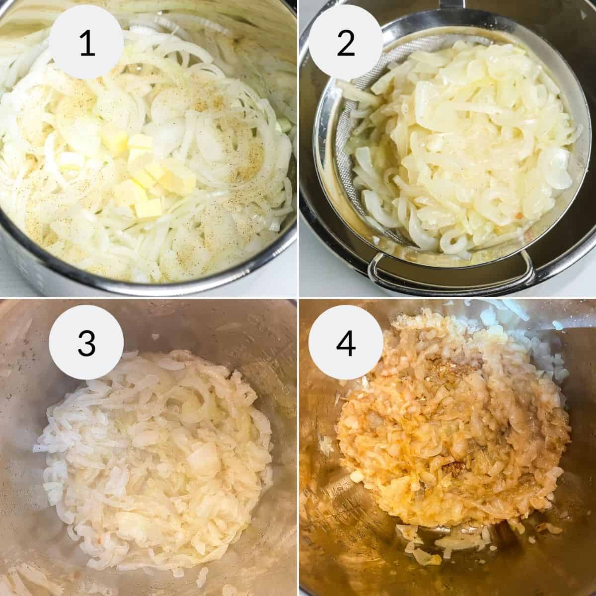 Four-step process: raw sliced onions with butter, drained onions in a strainer, softened onions in a pot, and perfectly finished dish.