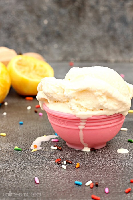 Lemon ice cream in pink bowl
