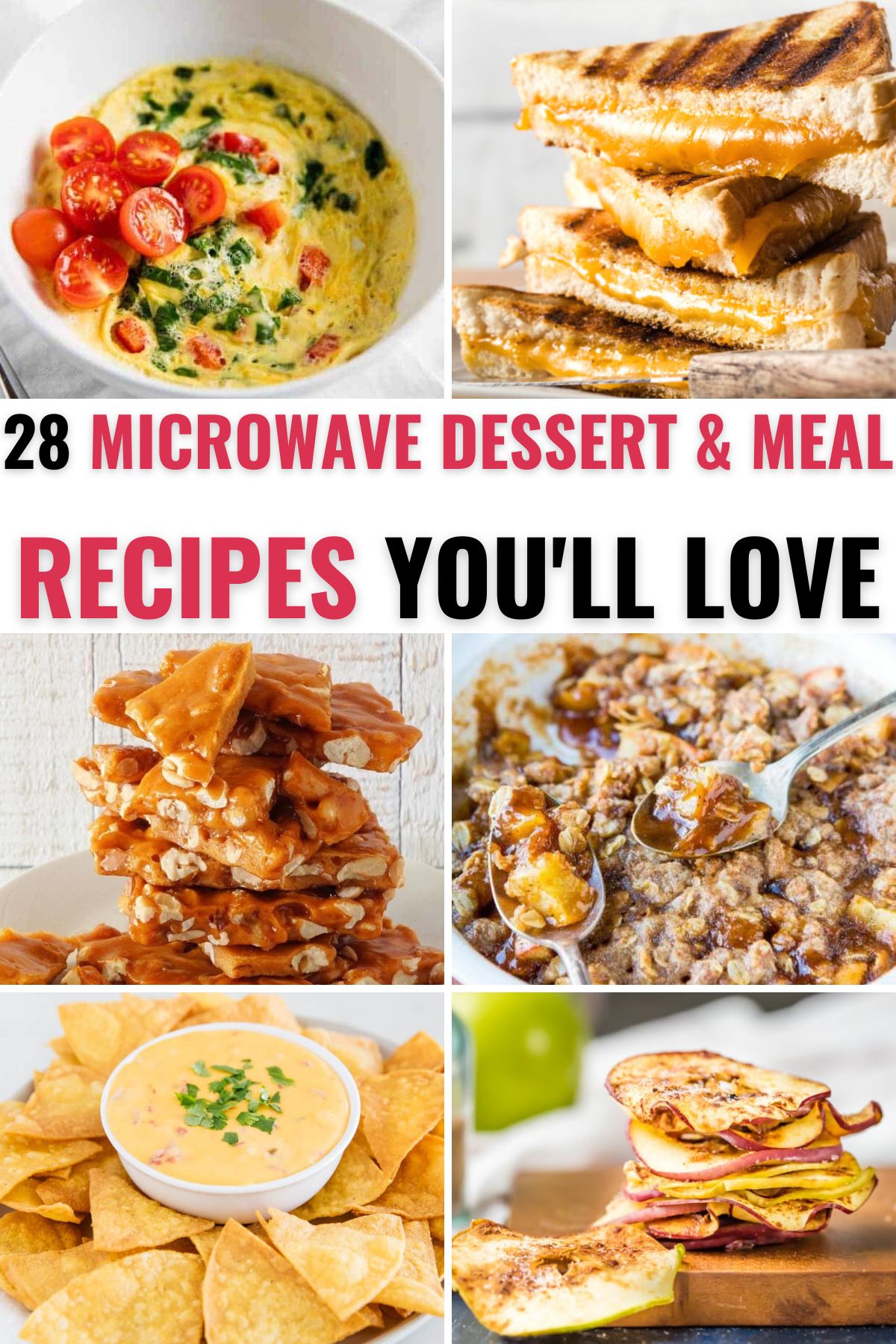 A collection of microwave desserts, meals, and snacks
