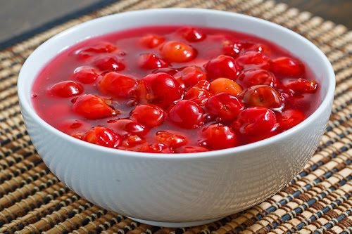 A bowl of sour cherry compote