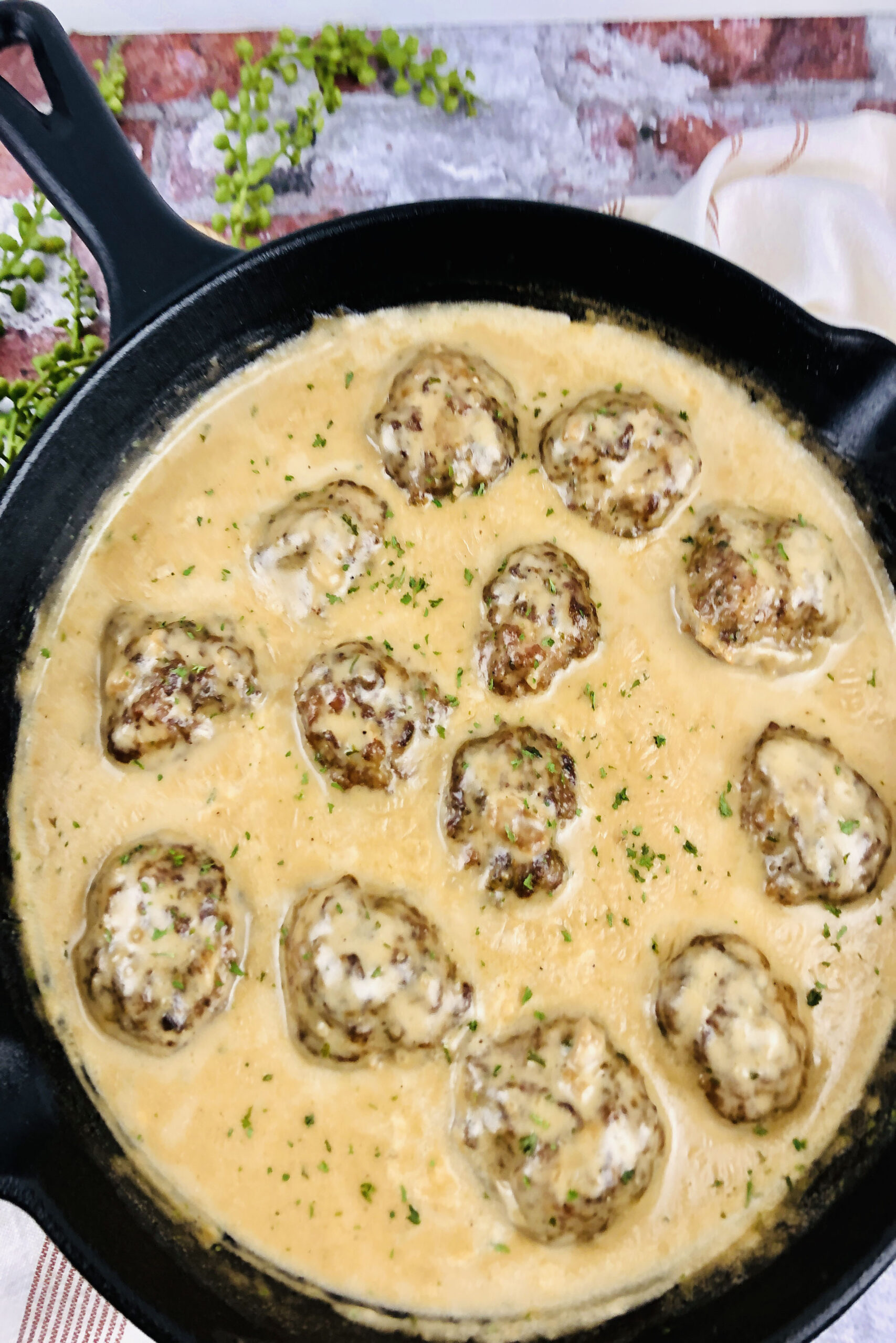 A pan filled with the Swedish meatballs.