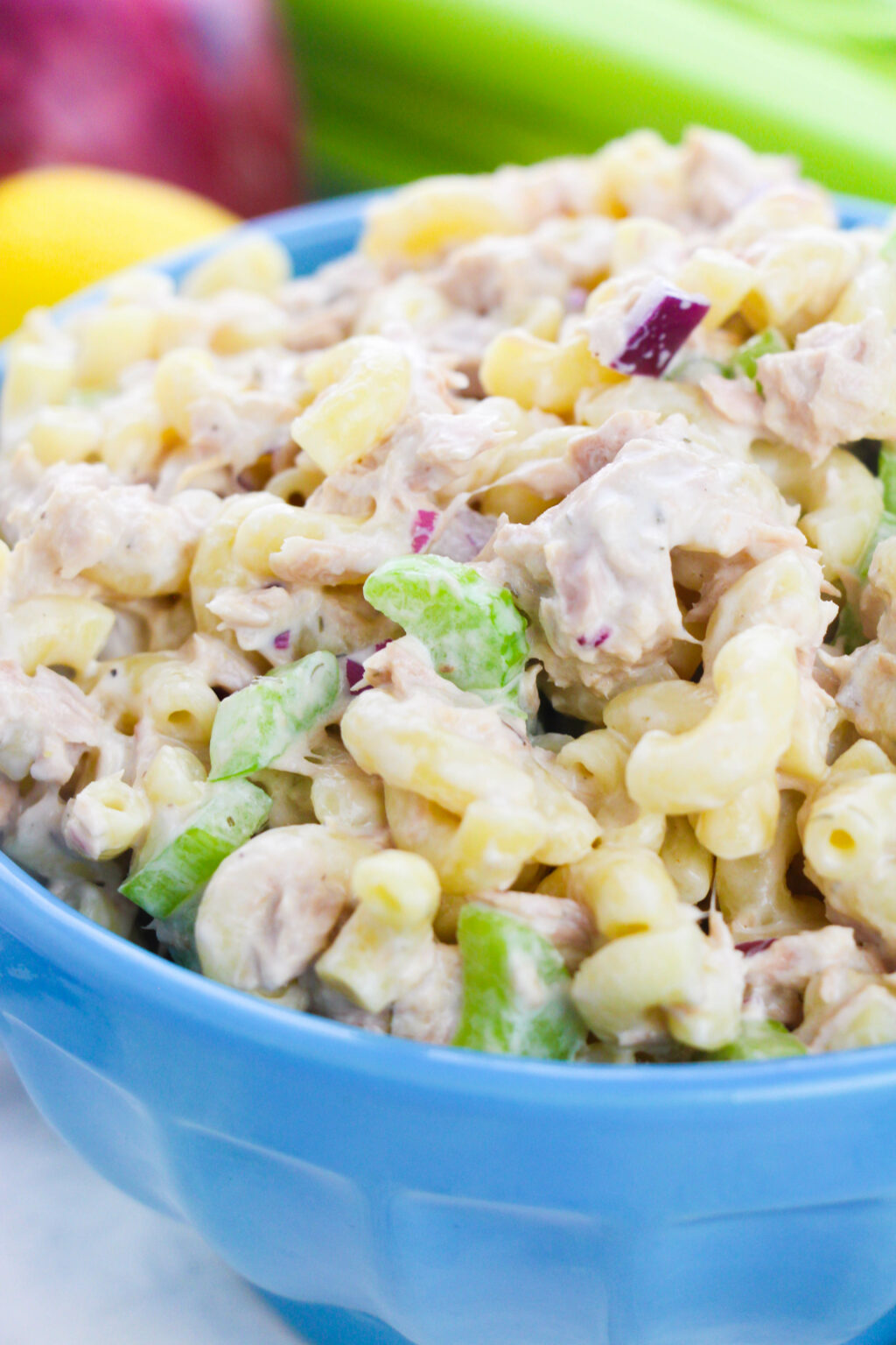 Tuna Pasta Salad ina robin eggs blue bowl.