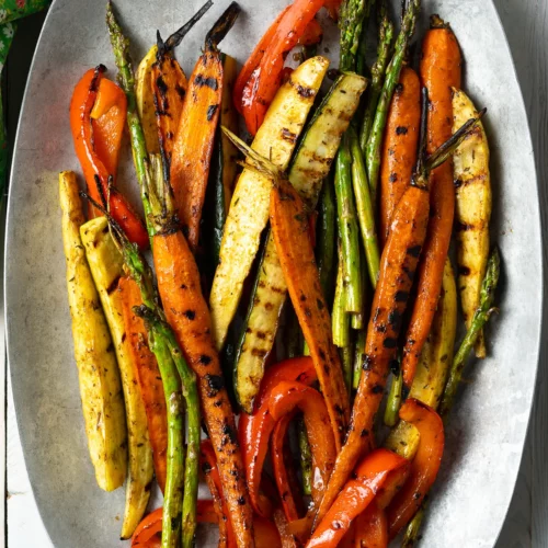 A plate of colorful grilled vegetables