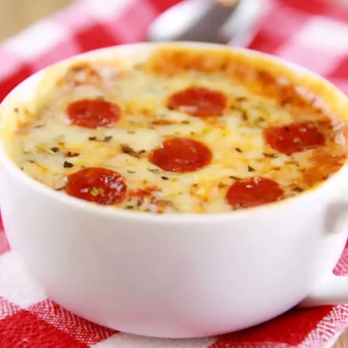 A microwave pizza in a mug