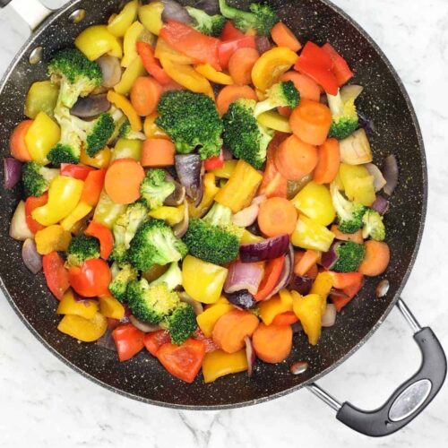 A large pan is filled with assorted vegetables