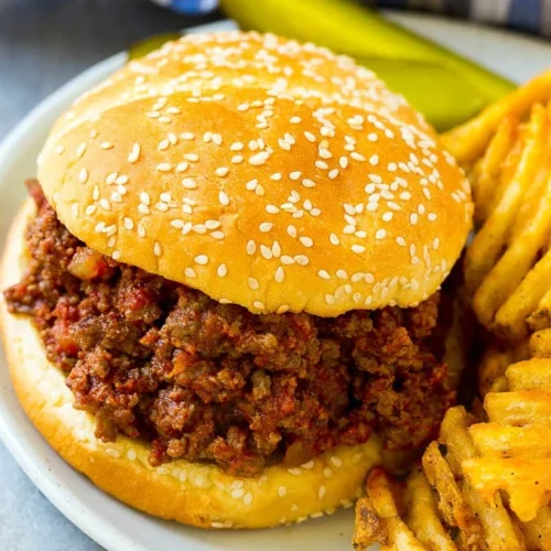 A slow cooker sloppy joe with a side of fries