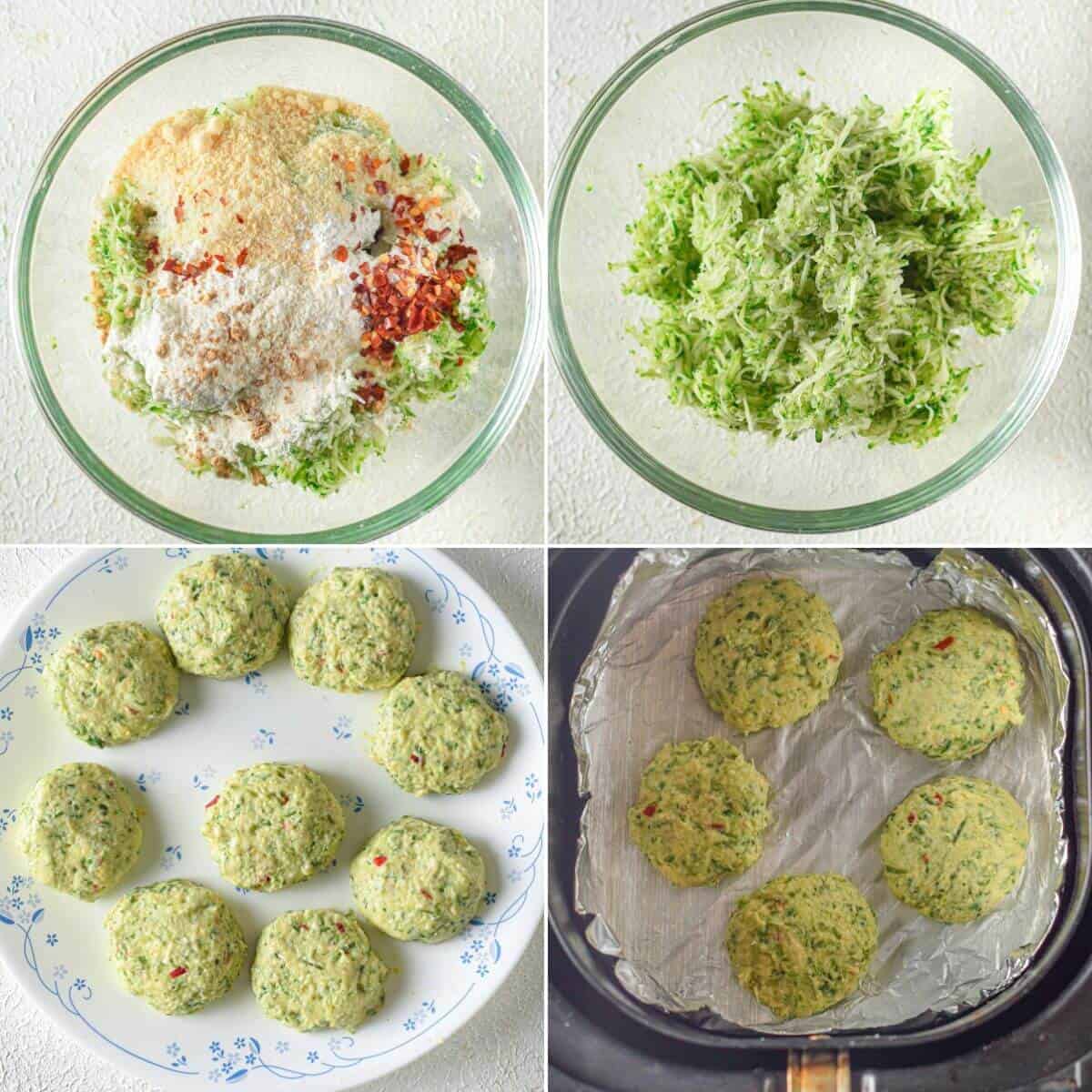 Follow this step-by-step guide to make Air Fryer Fritters: mix ingredients, shred zucchini, form patties, and cook them in the air fryer for a crispy and delicious result.