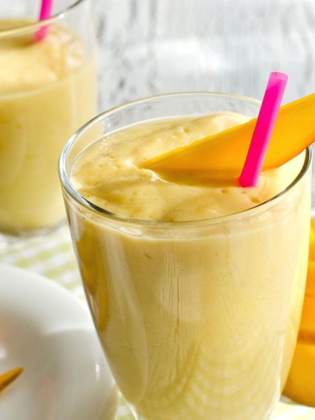 A smoothie with some banana in it.