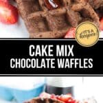 Chocolate Waffles made from cake mix, topped with sliced strawberries and drizzled with syrup, are served on a white plate for a delicious breakfast treat.