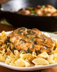 Chicken Marsala with pasta.