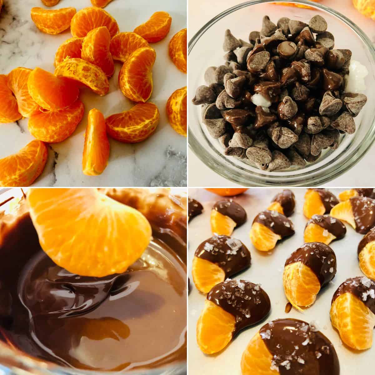 Four images show the process of making Chocolate Covered Oranges: peeling oranges, melting chocolate chips, dipping segments in chocolate, and placing the finished treats on a tray.
