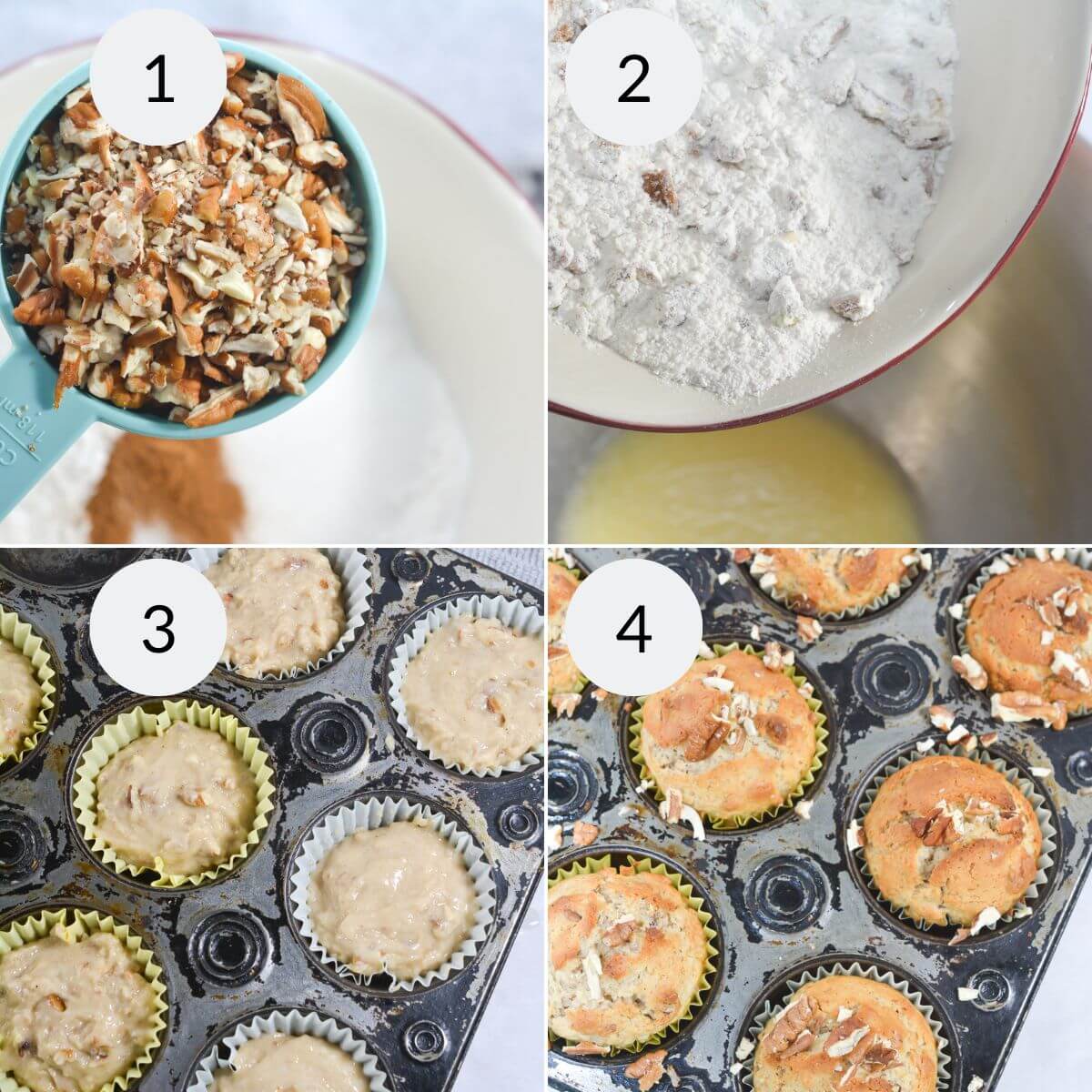 Add the nuts and filling in the muffin pan.