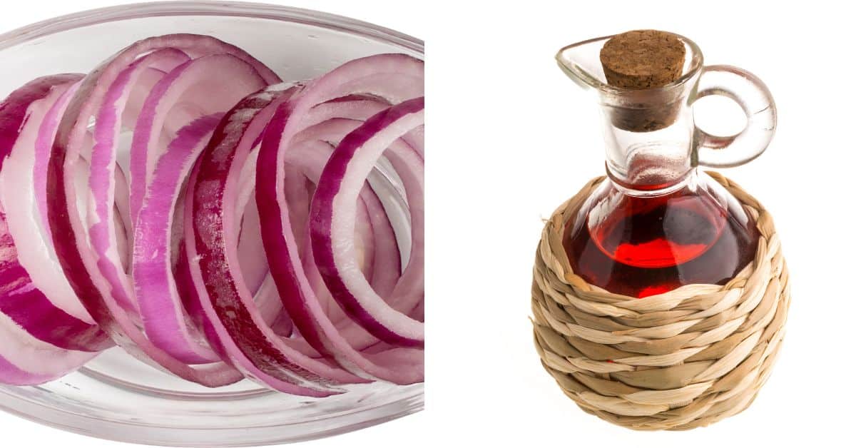 Quick Pickled Onions: Sliced red onions in a glass bowl next to a bottle of red vinegar with a cork stopper and wicker covering.
