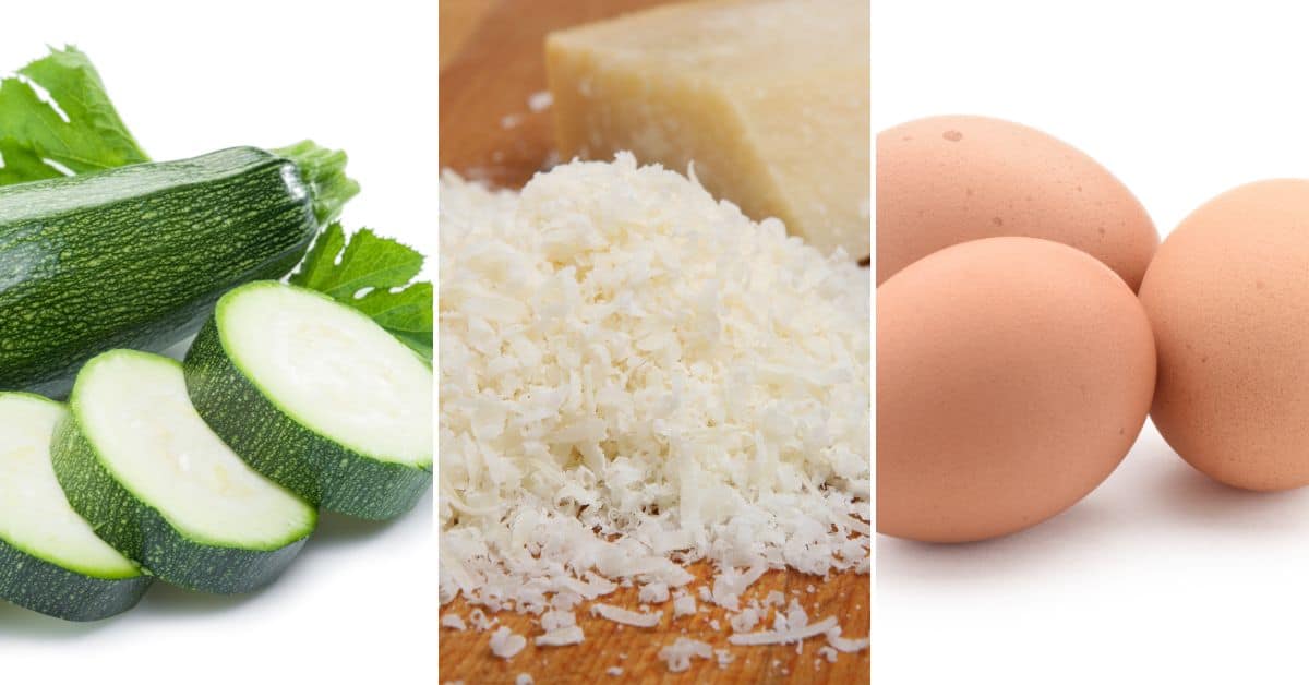 Sliced zucchini, grated cheese on a wooden surface, and two brown eggs placed side by side—perfect ingredients for making delicious Air Fryer Zucchini Fritters.