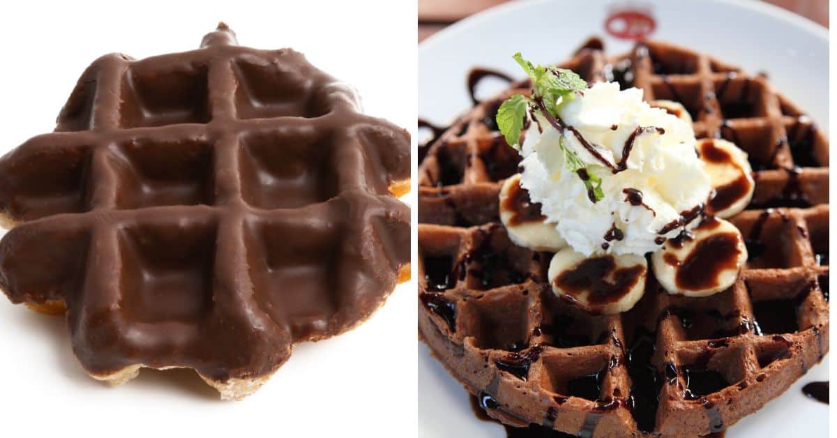 Side-by-side comparison of a plain chocolate-coated waffle on the left and a plated Chocolate Waffles creation topped with banana slices, whipped cream, and rich chocolate sauce on the right.