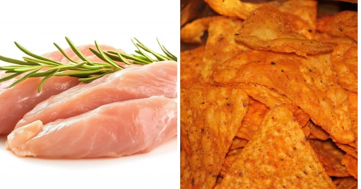 Raw chicken breasts with a sprig of rosemary on the left, and a pile of Doritos Crusted Chicken or seasoned tortilla chips on the right.