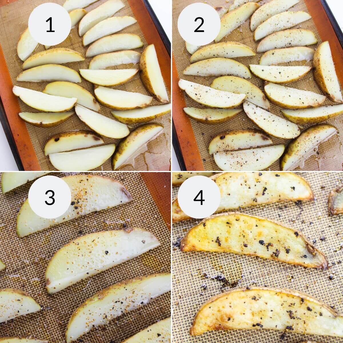 Making the fries, laying out on the try and seasoning the potatoes.