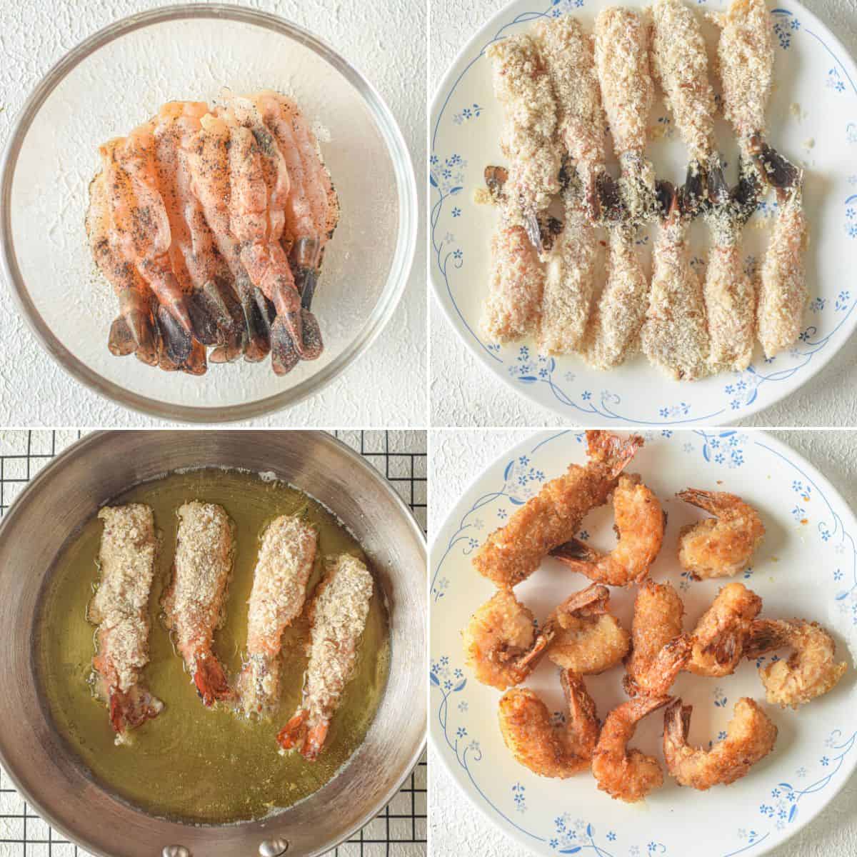 Four images show the process of making the seafood dish.