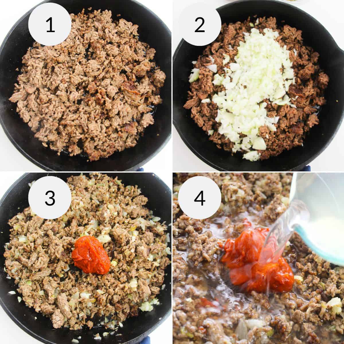 Four-step cooking process for Homemade Cheeseburger Macaroni: ground beef browning in a skillet, chopped onions added, tomato paste mixed in, then liquid poured into the mixture.