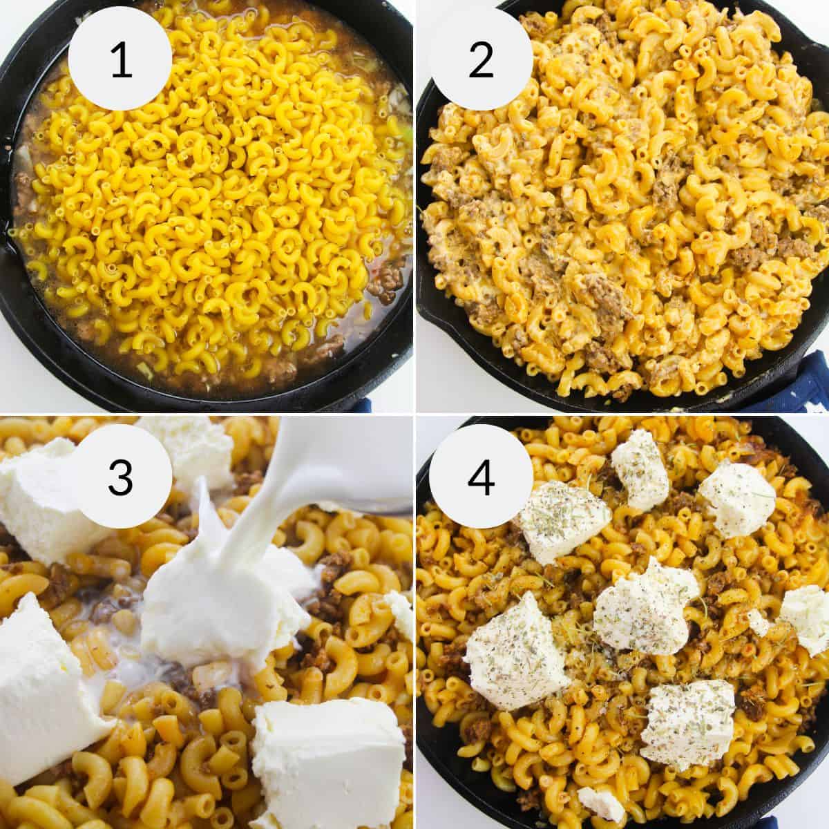 Four-step process of cook pasta, mix with meat, add cream and cheese, then top with herbs and more cheese in a skillet.