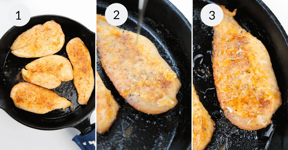 Rrying the chicken in a cast iron skillet.