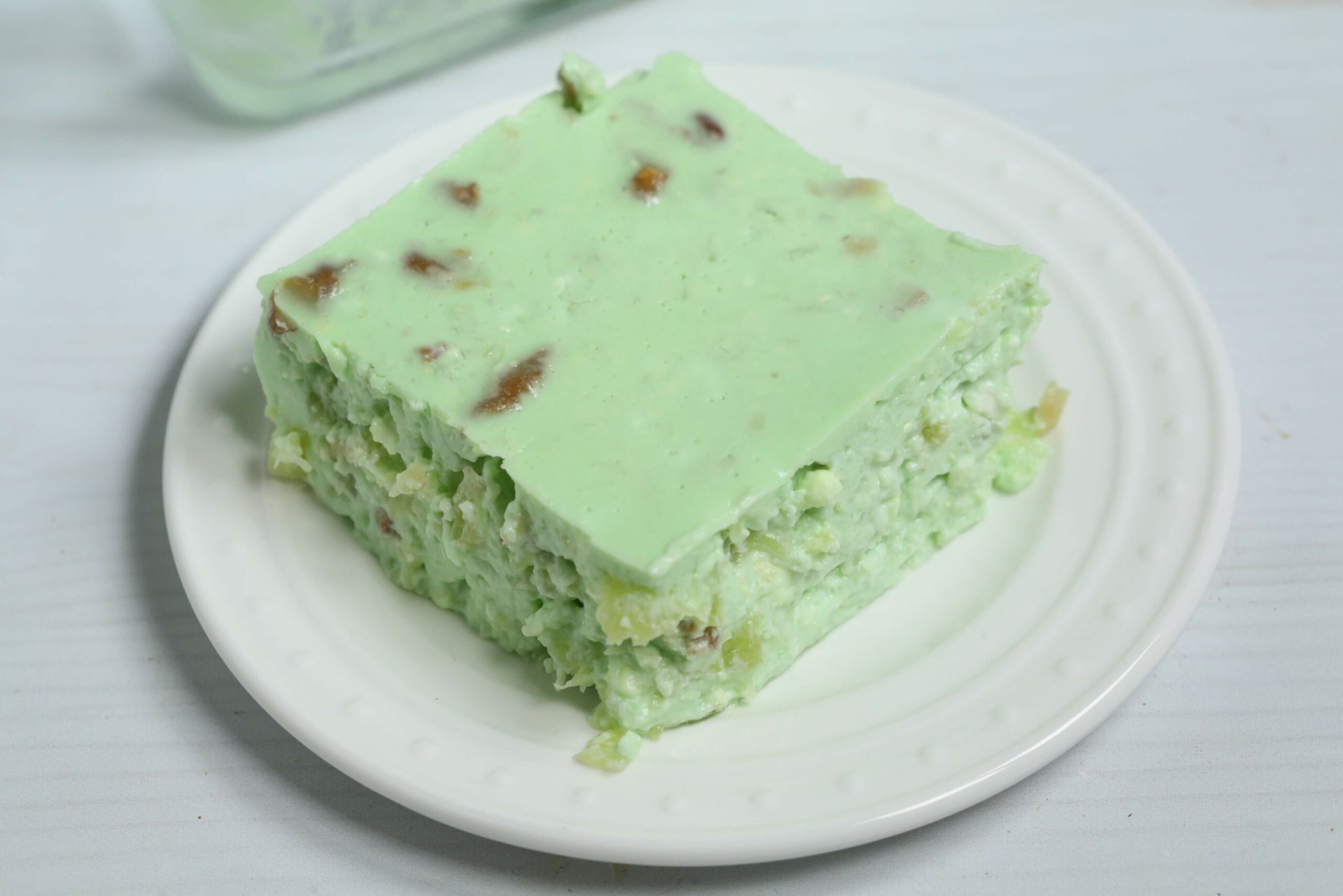 A side view of the lime jello salad.