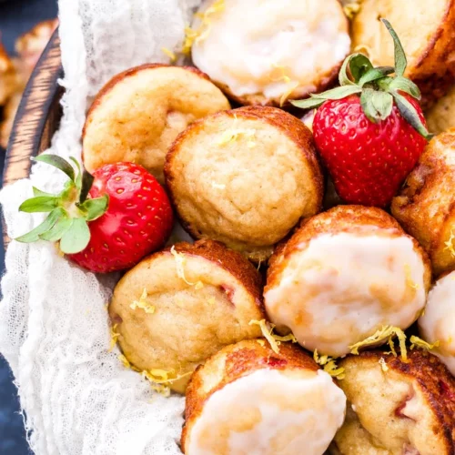 mini strawberry muffins with lemon glaze