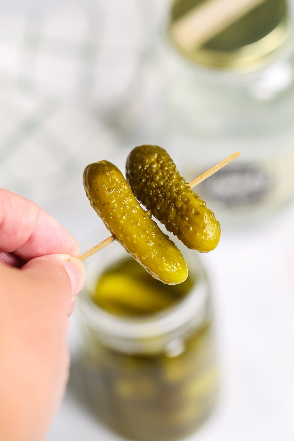 Moonshine Pickles on a toothpick.