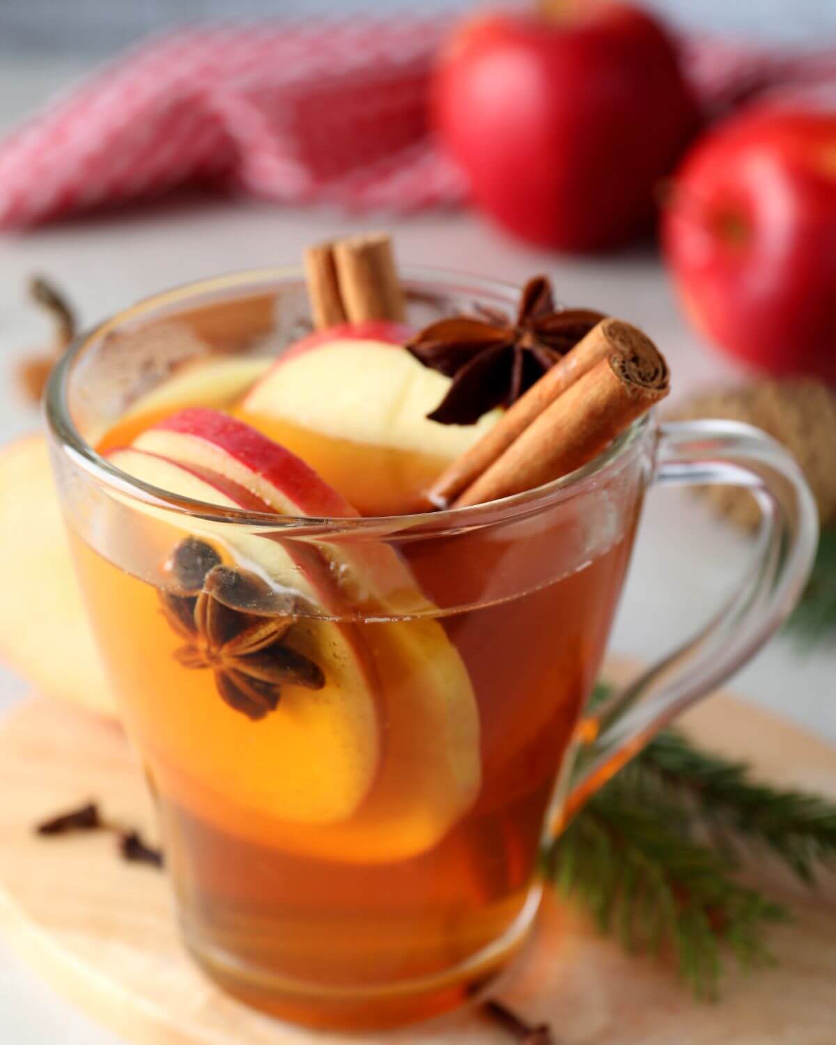 Mulled Crock Pot Apple Cider in a clear glass with a cinnamon stick.