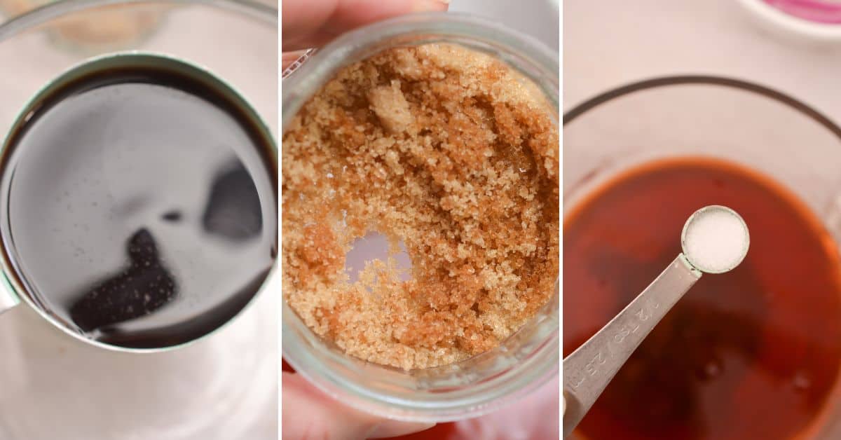 Three panels show: a cup of dark liquid, a close-up of brown sugar in a jar, and a teaspoon of white powder being added to a reddish liquid for making Quick Pickled Onions.