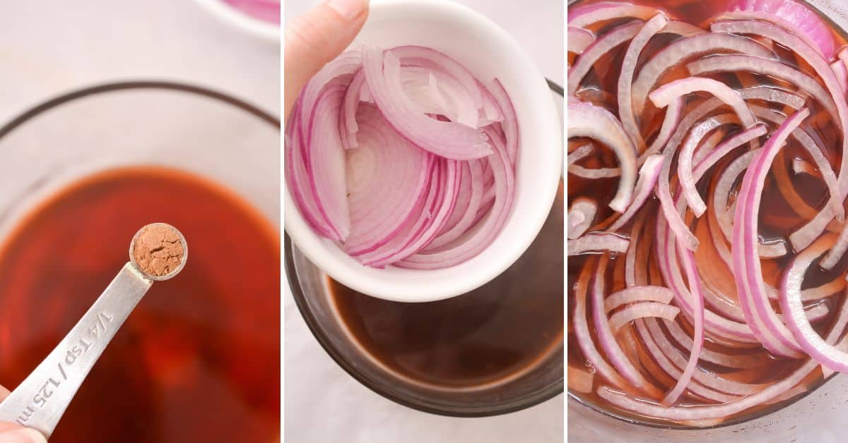 Three-step  add ground spice to the liquid, place sliced red onions in a bowl, then soak the onions in the marinade.