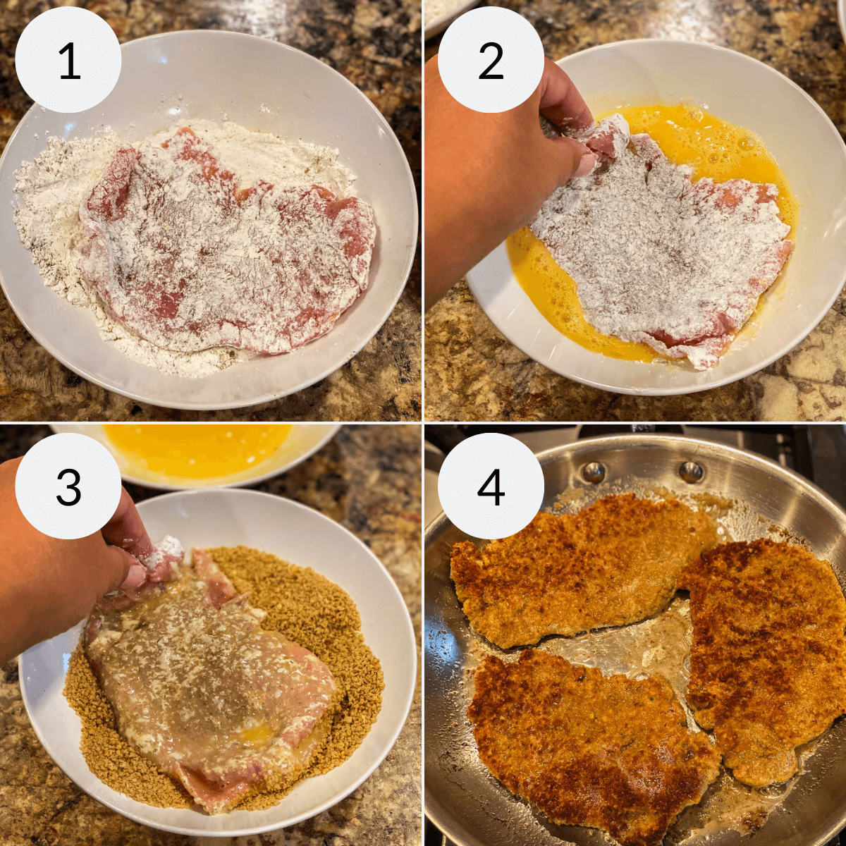 Doing the coating process of flour, egg then breadcrumb and then baked.