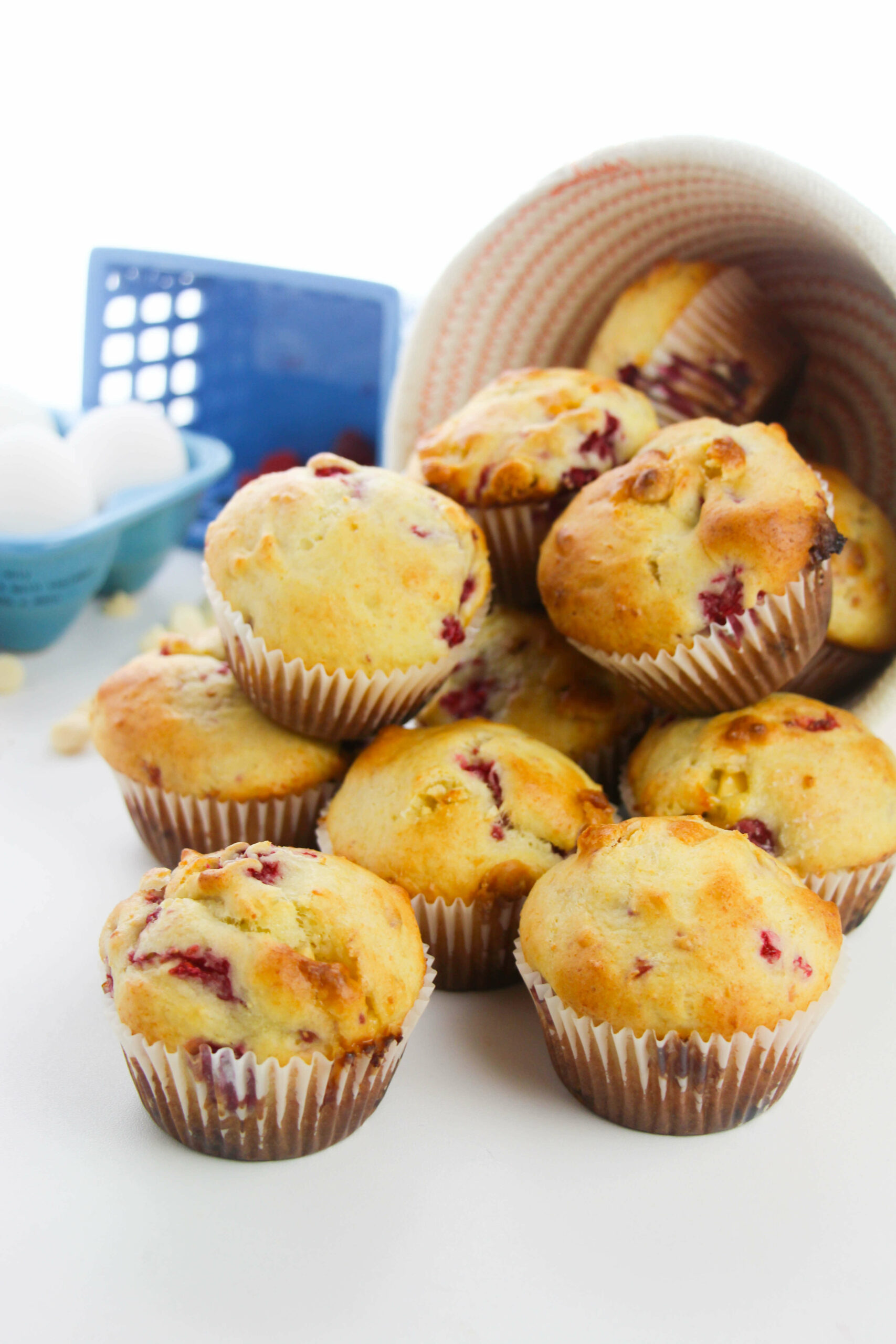 A stack of White Chocolate and Raspberry Muffins.