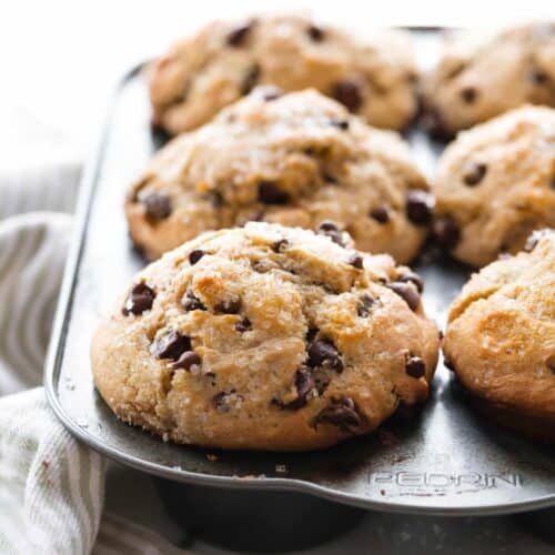 Bakery style chocolate chip muffins in tin