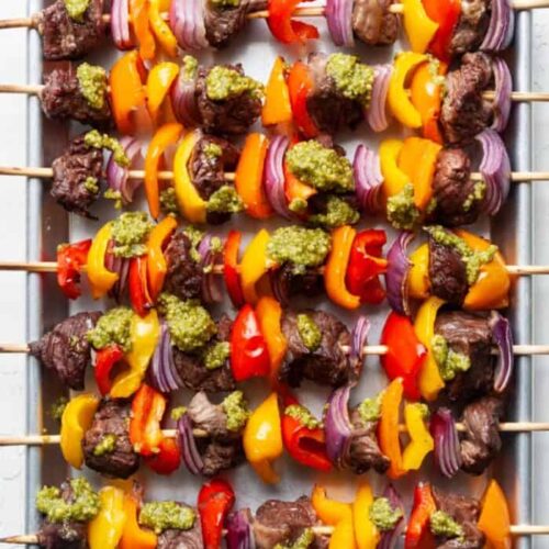 A tray of Steak Kabobs