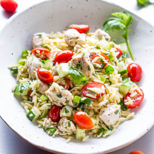 chicken orzo salad in bowl