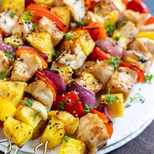 A stack of Pineapple Chicken Kabobs