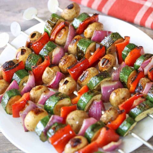 A pile of Balsamic Vegetable Kabobs