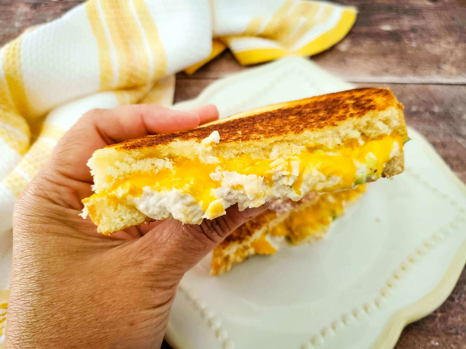 A hand showing the air fryer sandwich.