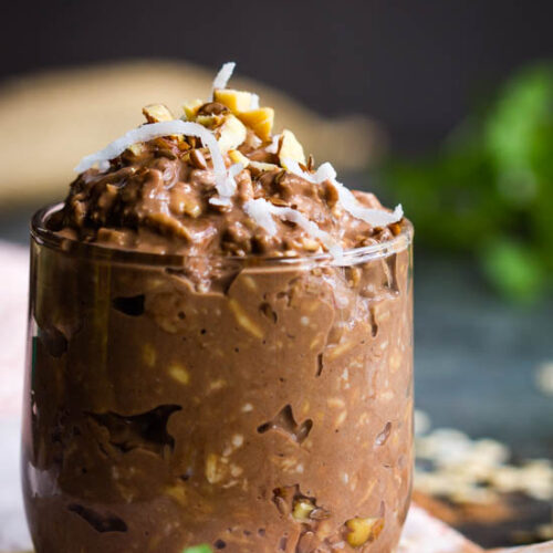 A chocolate brownie batter flavored protein oats in a jar