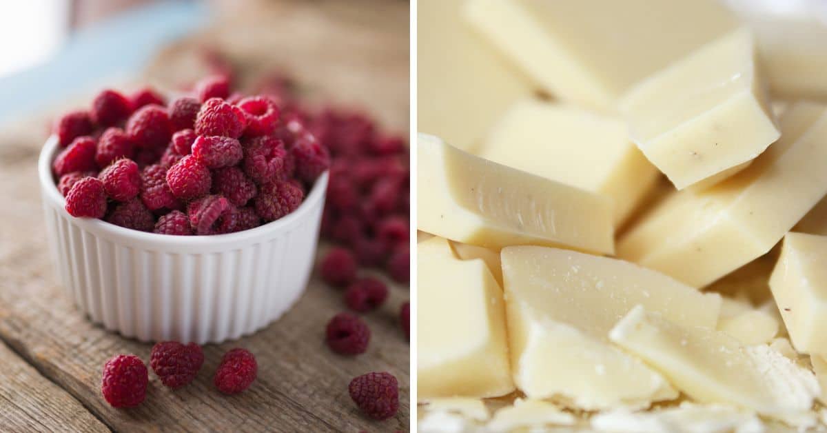 A white ramekin filled with fresh raspberries sits beside a close-up of broken white chocolate pieces.