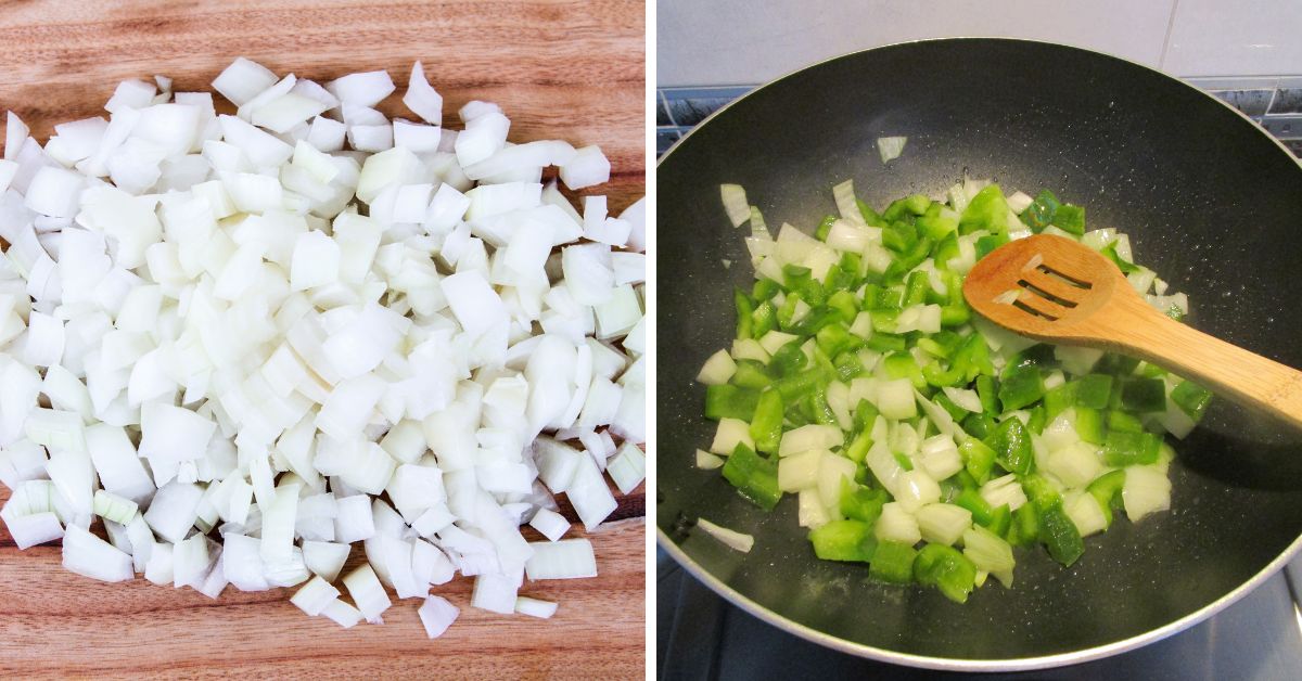 Chopped onions on a cutting board and onions with green peppers being sautéed in a black pan with green chili enchilada sauce and a wooden spoon.