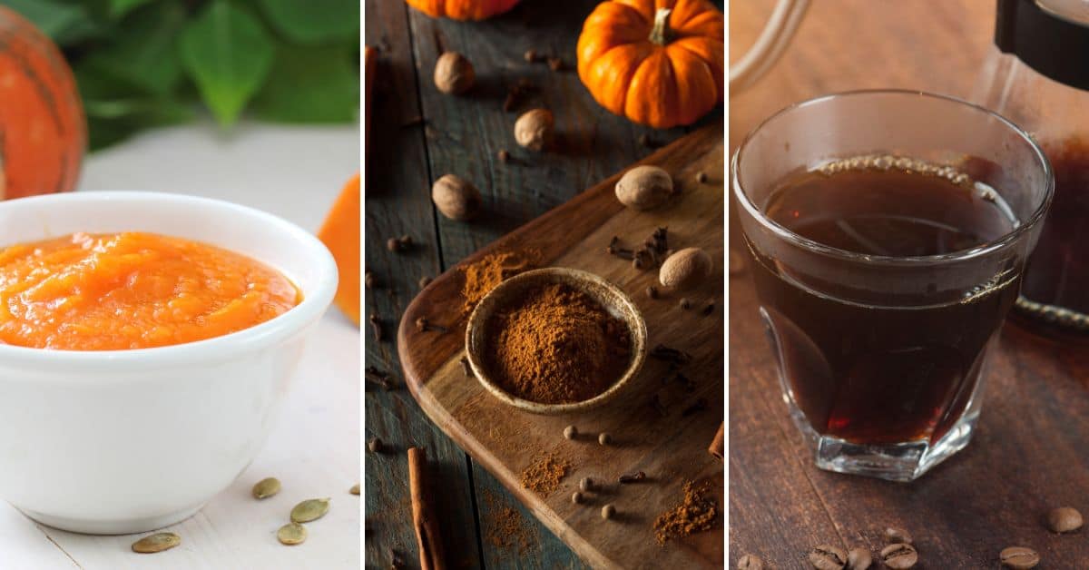 A three-panel image: puree in a white bowl, a wooden surface with spices and a small pumpkin, and a glass of dark liquid resembling an iced pumpkin spice latte.